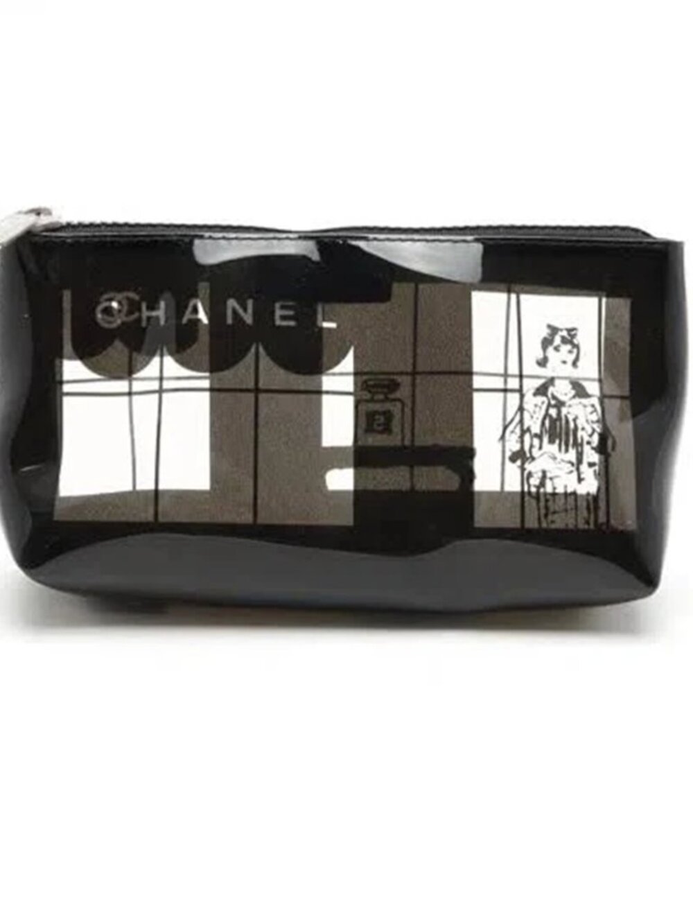 Chanel Coco Window Vinyl Cosmetic Case Transparent CC Design Zip Top Pouch